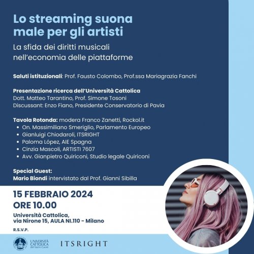 15 FEBBRAIO: PRESENTAZIONE DELLA RICERCA DELL'UNIVERSITA' CATTOLICA SUI COMPENSI STREAMING AGLI ARTISTI 15 FEBBRAIO: PRESENTAZIONE DELLA RICERCA DELL'UNIVERSITA' CATTOLICA SUI COMPENSI STREAMING AGLI ARTISTI